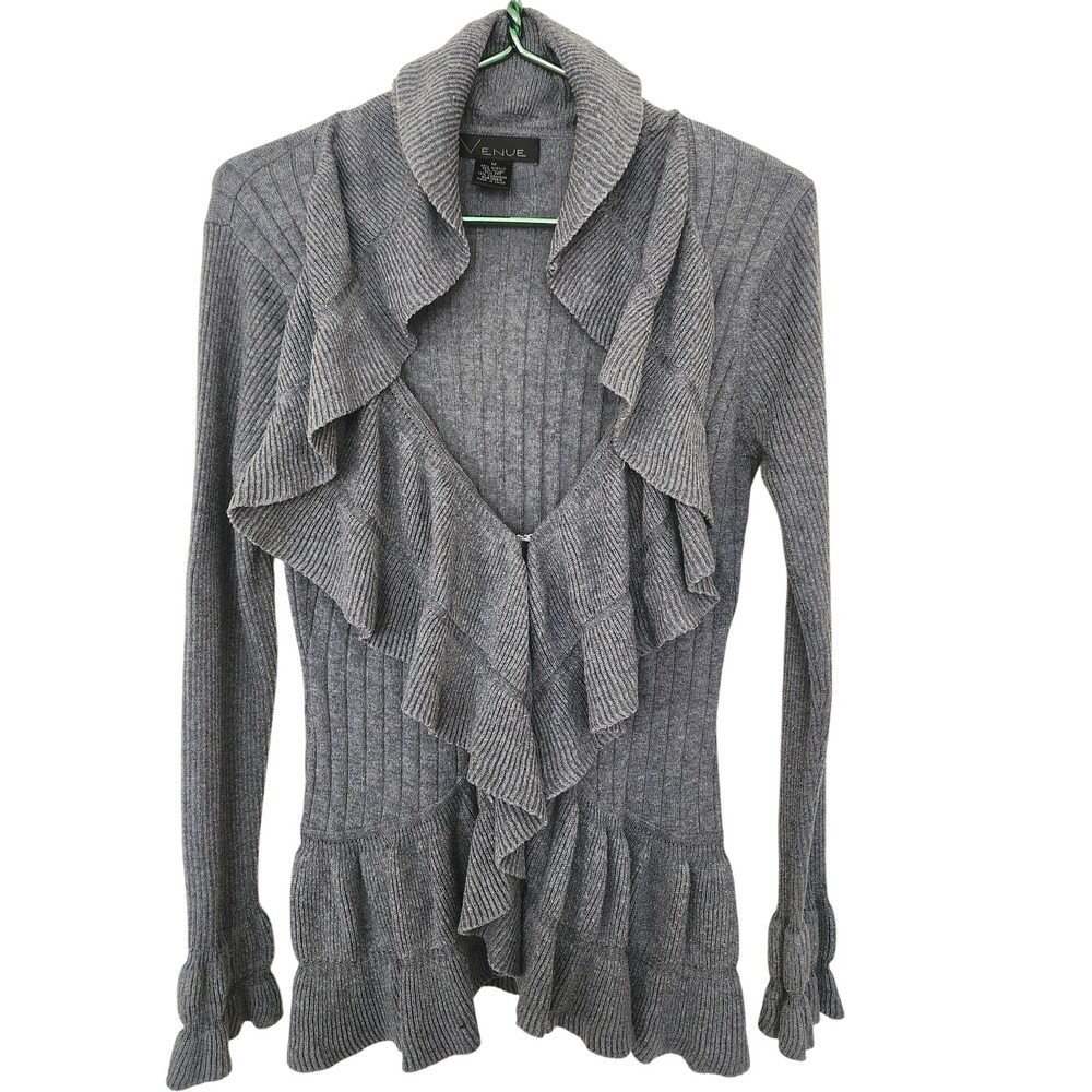 Venue Grey Ruffle Trim Ribbed Cashmere Blend Cardigan M Romantic Cottagecore - Picture 2 of 8